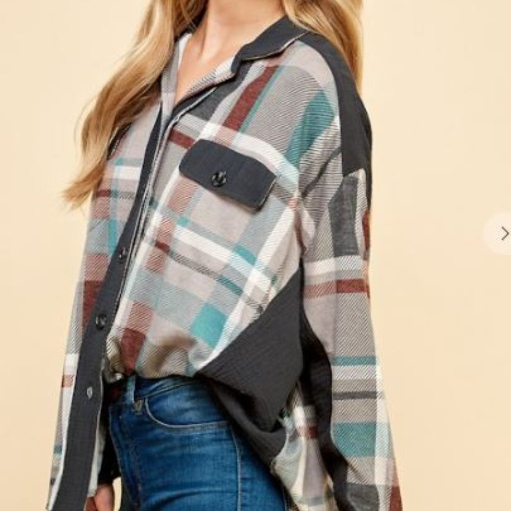 Plaid soft knit shacket charcoal